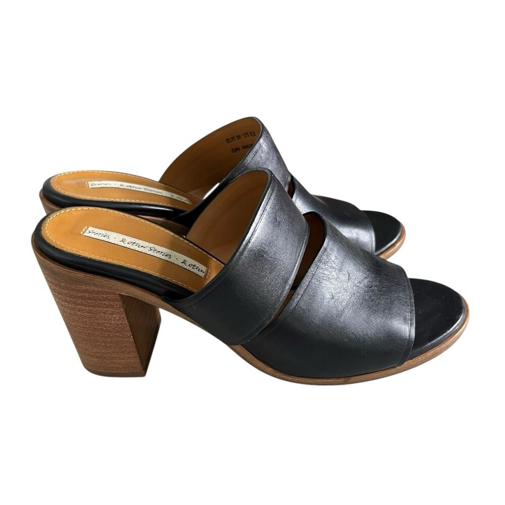 & Other Stories Sandal EUR 36 6.5 M Heel Slip On Strappy Black Leather Italy